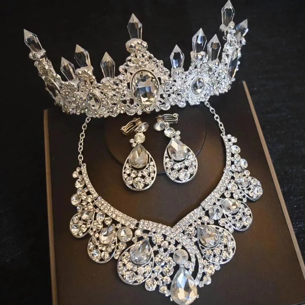 Bling Bridal Jewelry Sets Silver Crystal Tiaras Necklace Earring Set