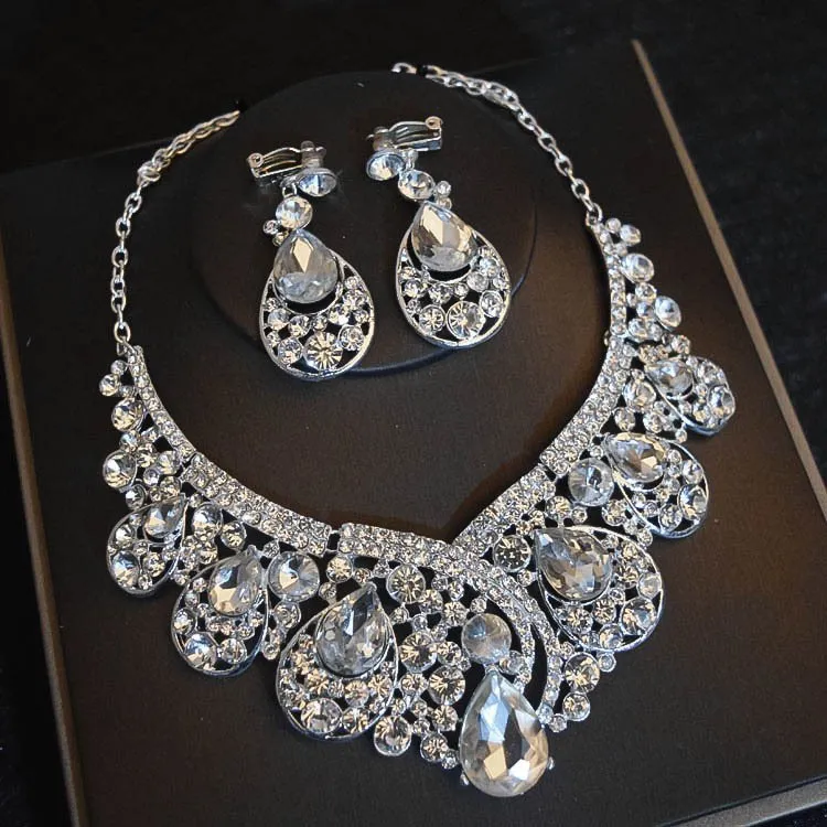 Bling Bridal Jewelry Sets Silver Crystal Tiaras Necklace Earring Set