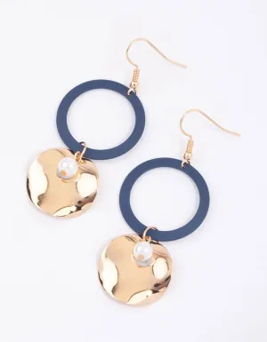 Blue Open Disc Pearl Drop Earrings