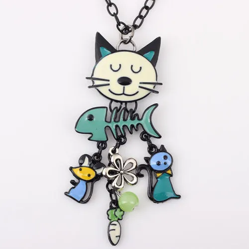 Bonsny Long Chain 2016 Colorful  French Cat Necklace Enamel Pendant Fish Alloy Charm Brand Jewelry For Women Girl  New Animal