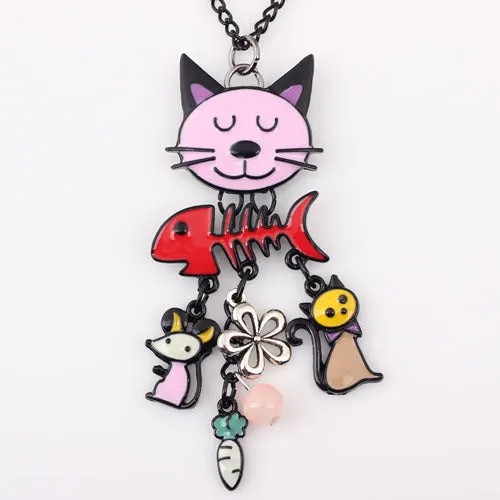 Bonsny Long Chain 2016 Colorful  French Cat Necklace Enamel Pendant Fish Alloy Charm Brand Jewelry For Women Girl  New Animal