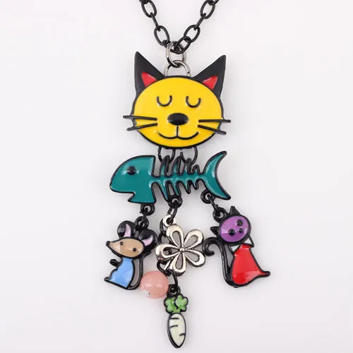 Bonsny Long Chain 2016 Colorful  French Cat Necklace Enamel Pendant Fish Alloy Charm Brand Jewelry For Women Girl  New Animal