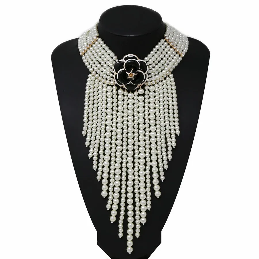 Camellia Flower Pearl Fringe Necklace