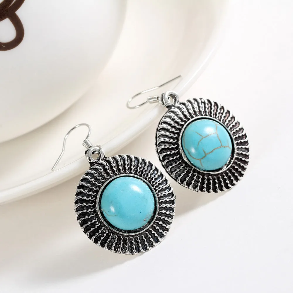 Charming round tibetan silver earring with 100% natural turquoise stone and crystal jewelry Vintage drop earrings for women