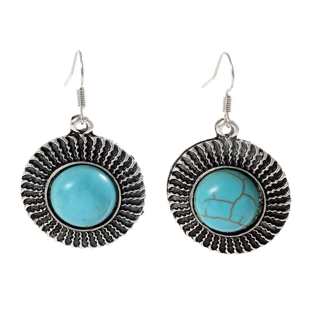 Charming round tibetan silver earring with 100% natural turquoise stone and crystal jewelry Vintage drop earrings for women