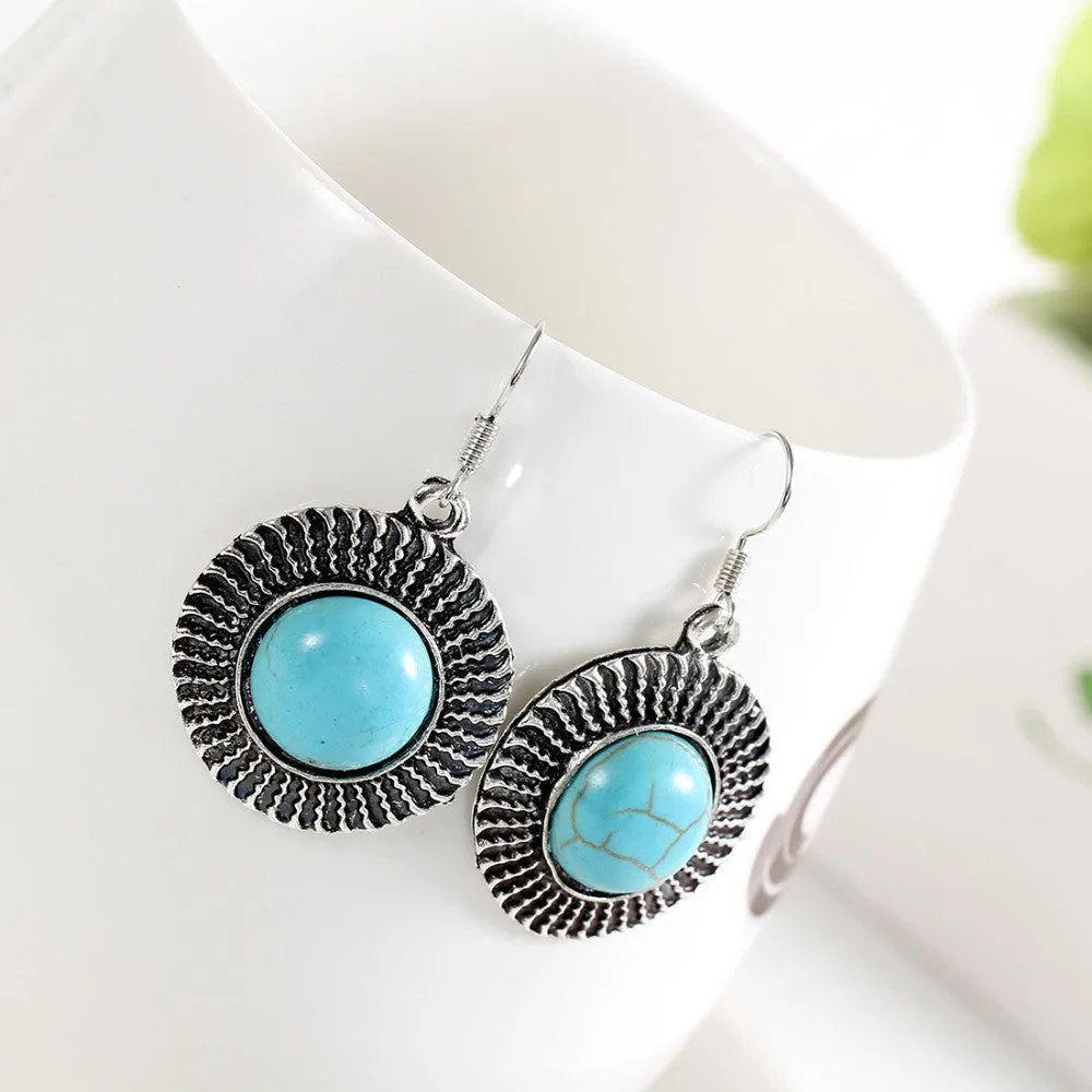 Charming round tibetan silver earring with 100% natural turquoise stone and crystal jewelry Vintage drop earrings for women