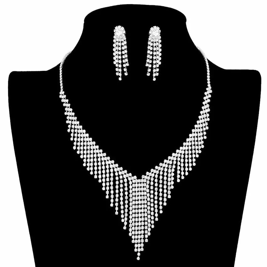 Chevron Accented Rhinestone Pave Fringe Necklace