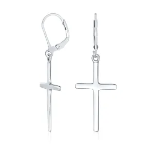 Classic Religious Cross Dangle Earrings Lever Back Sterling Silver High Polish