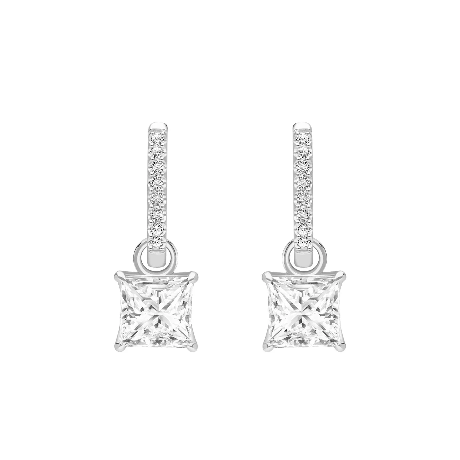 Classic Silver Rhodium Plated Square Design Princess Cut CZ Hoop Earrings (Size S)