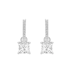 Classic Silver Rhodium Plated Square Design Princess Cut CZ Hoop Earrings (Size S)