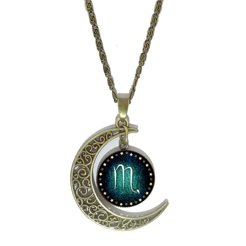 Constellation Glass Cabochon Pendant Necklace Vintage Bronze Crescent Moon Accessories Chain Necklace For Women fine Jewelry