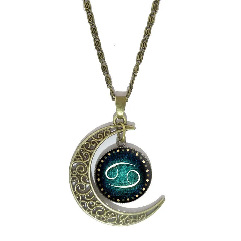 Constellation Glass Cabochon Pendant Necklace Vintage Bronze Crescent Moon Accessories Chain Necklace For Women fine Jewelry