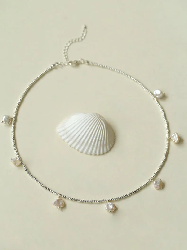 Elegant Natural Silver Beads and Pearl Pendant Necklace