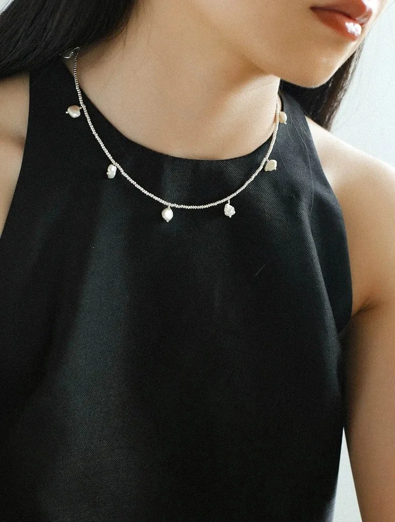 Elegant Natural Silver Beads and Pearl Pendant Necklace