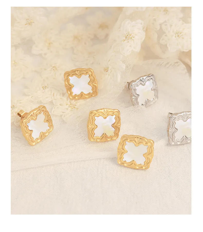 European and American Retro Style Square White Seashell Earrings