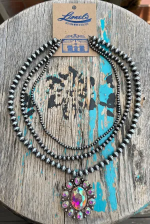 Faux Navajo Pearls Triple Strand Necklace w/ Crystal Pendant