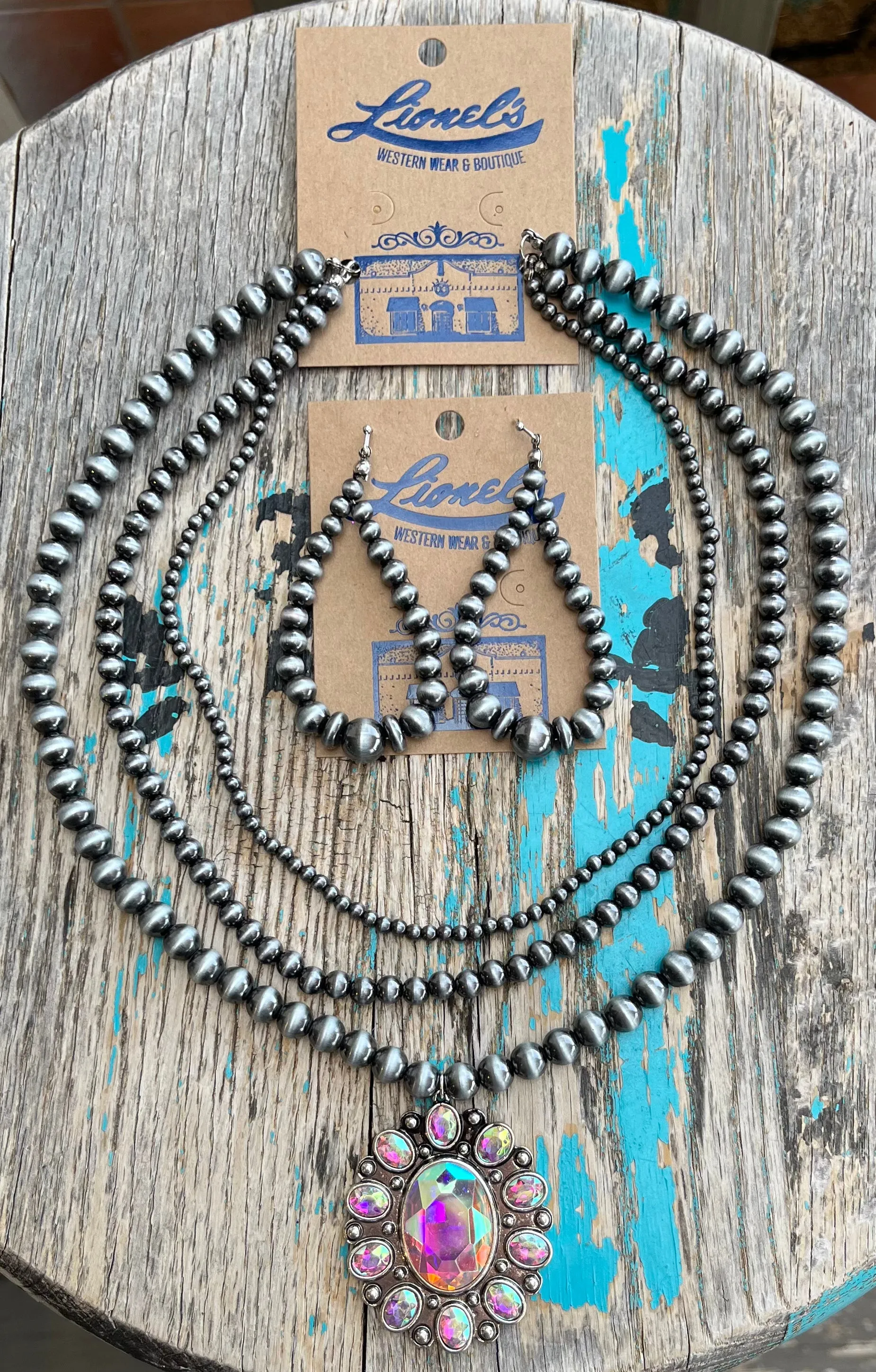 Faux Navajo Pearls Triple Strand Necklace w/ Crystal Pendant