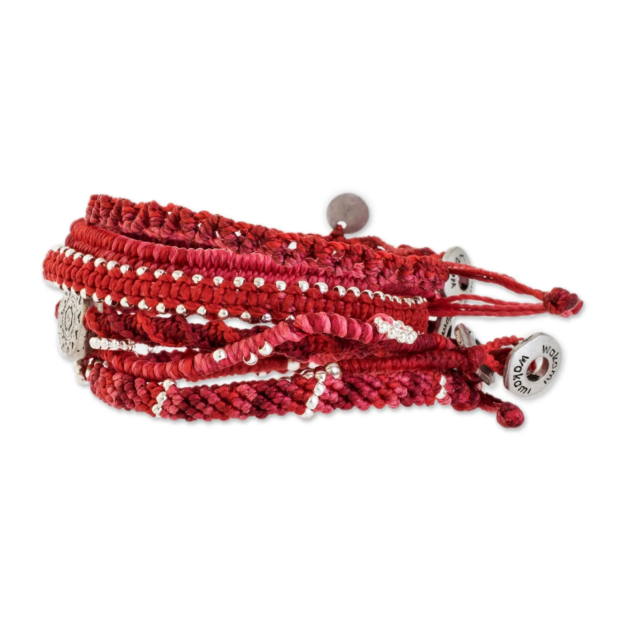 Glass Beaded Macrame Bracelets in Red (Set of 7) - Boho Histories in Red | NOVICA