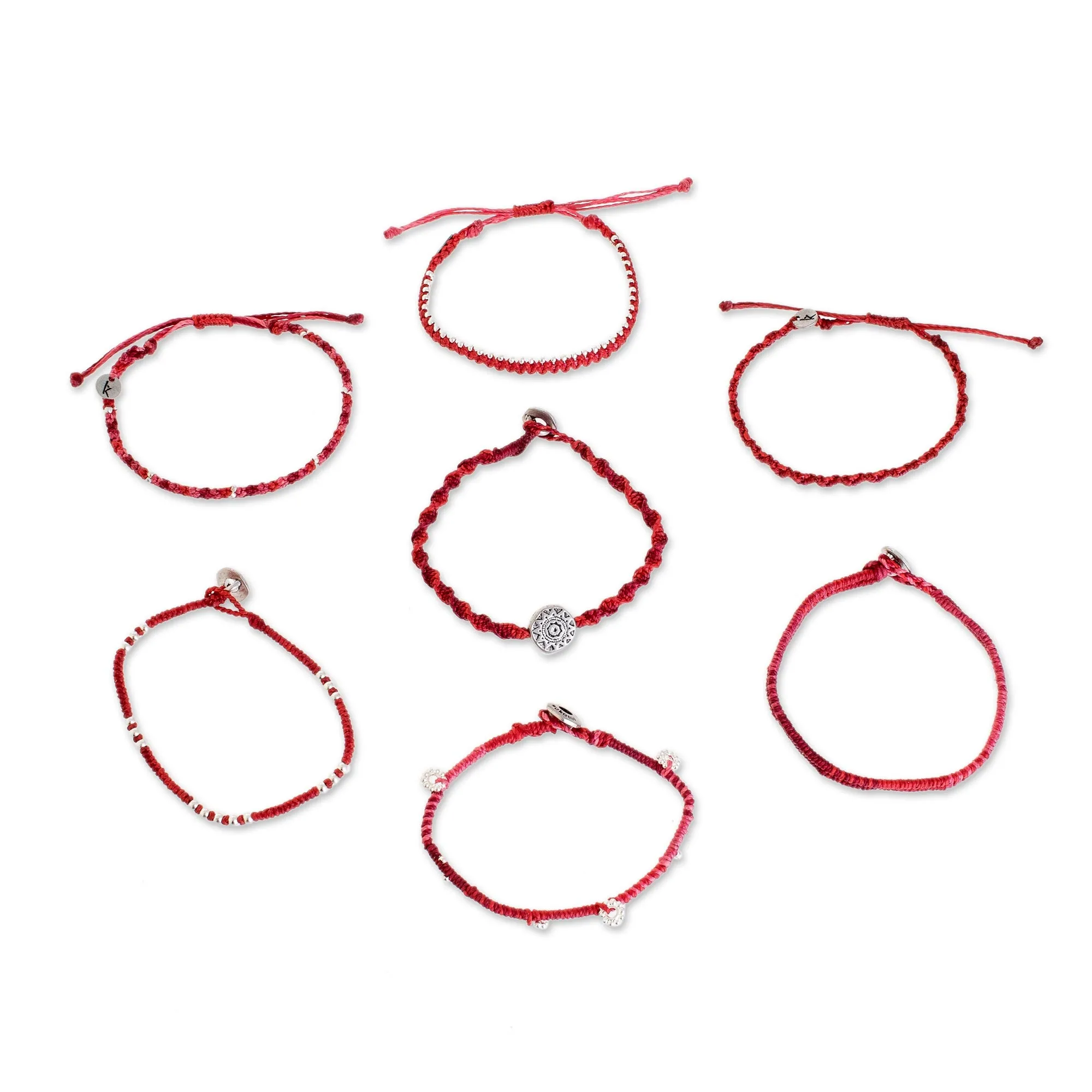 Glass Beaded Macrame Bracelets in Red (Set of 7) - Boho Histories in Red | NOVICA