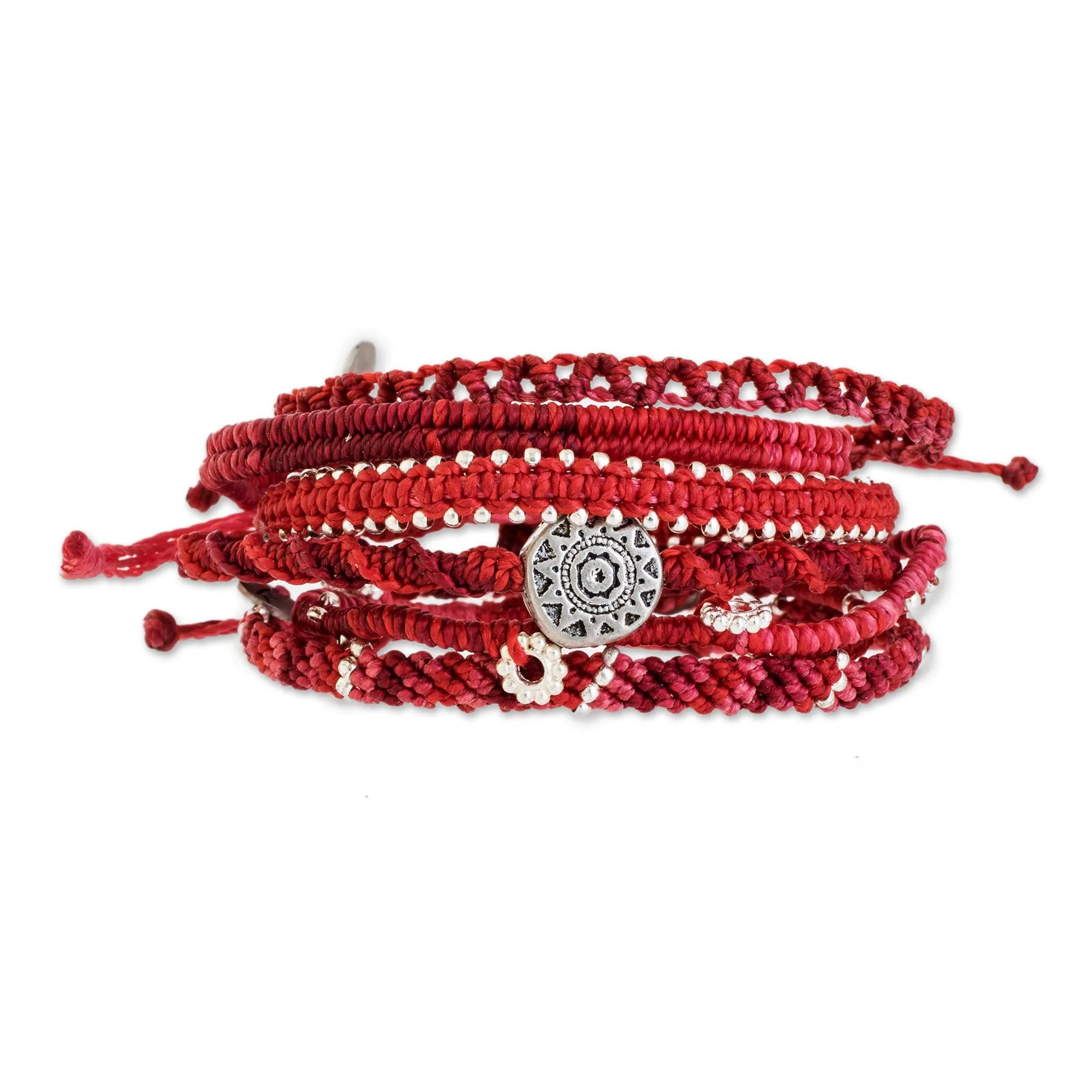 Glass Beaded Macrame Bracelets in Red (Set of 7) - Boho Histories in Red | NOVICA