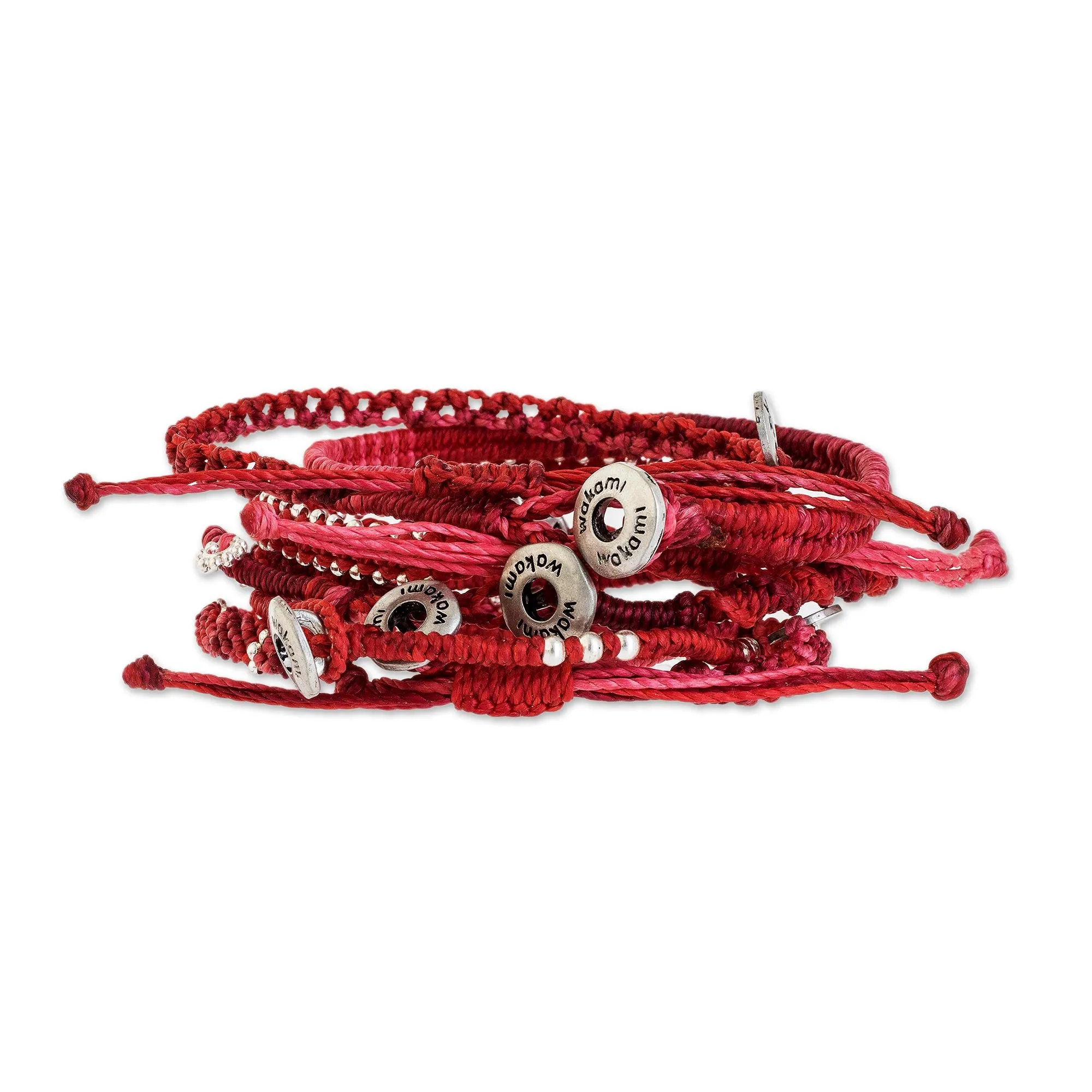 Glass Beaded Macrame Bracelets in Red (Set of 7) - Boho Histories in Red | NOVICA