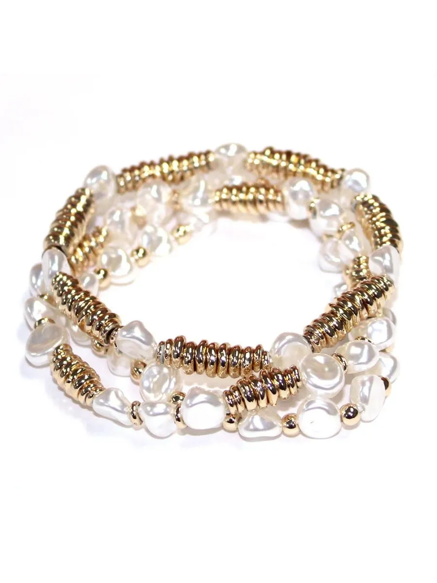 Gold Beaded & Freshwater Pearl Stretch Bracelet Set