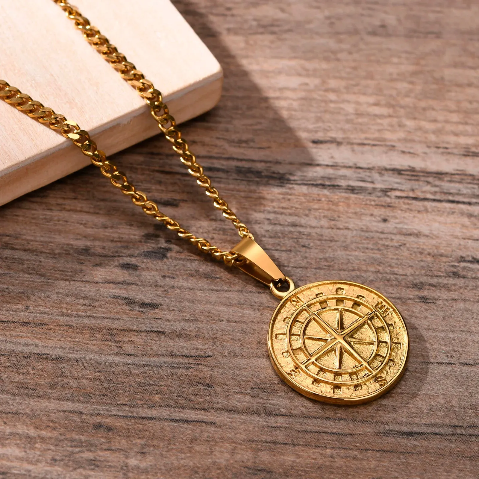 Gold Compass Necklaces,Vintage Viking North Star Anchor Medal