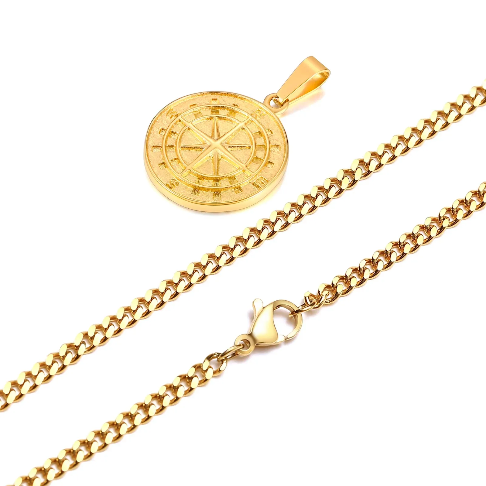 Gold Compass Necklaces,Vintage Viking North Star Anchor Medal