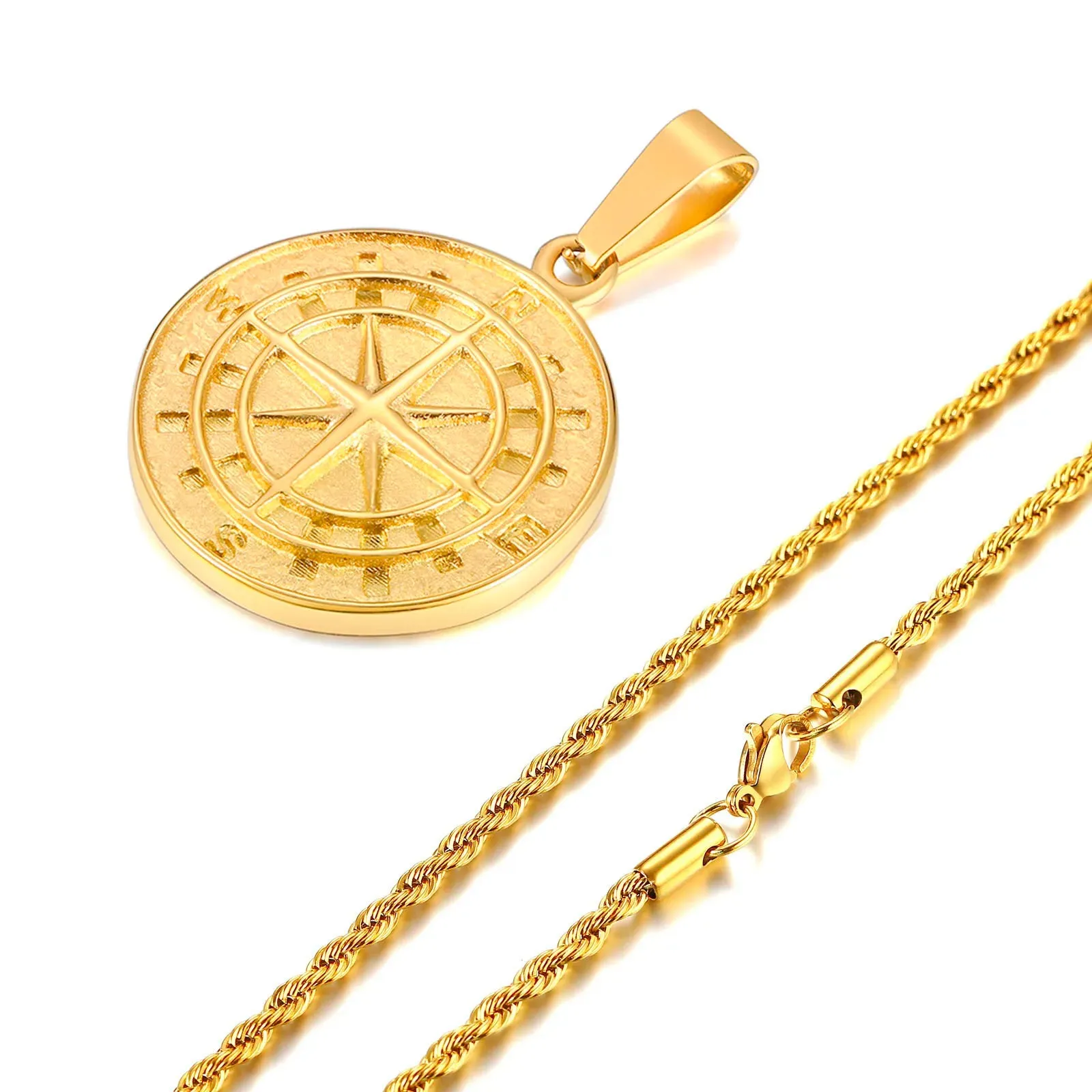 Gold Compass Necklaces,Vintage Viking North Star Anchor Medal