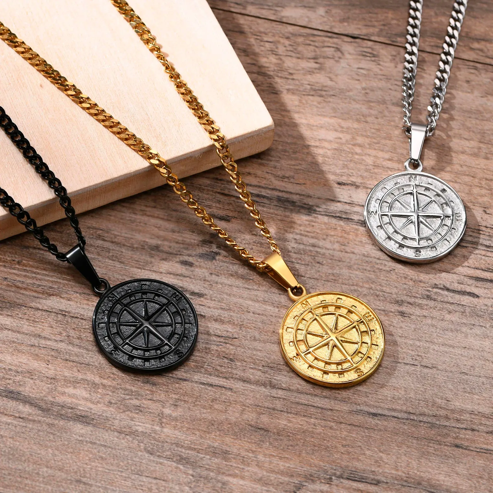 Gold Compass Necklaces,Vintage Viking North Star Anchor Medal