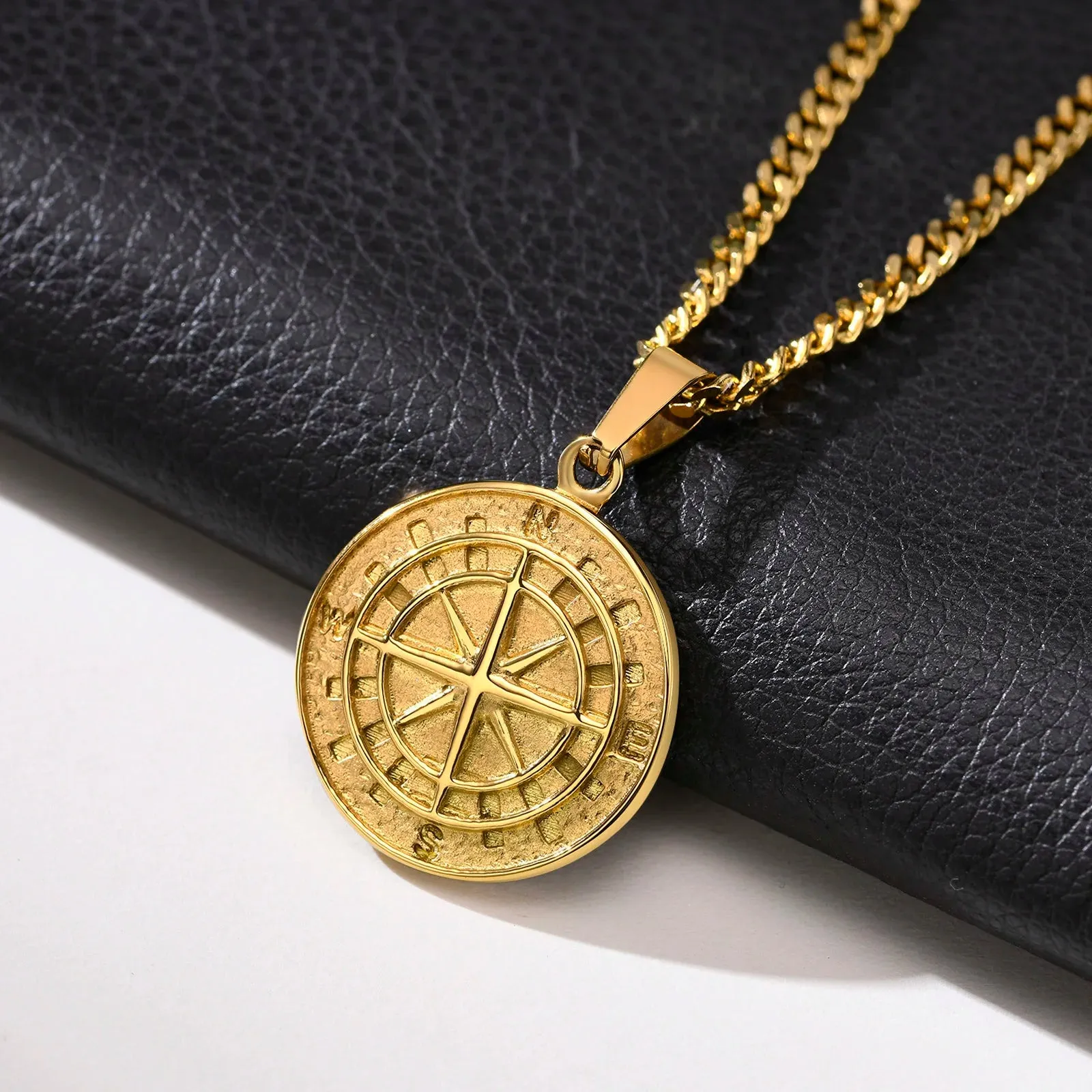 Gold Compass Necklaces,Vintage Viking North Star Anchor Medal