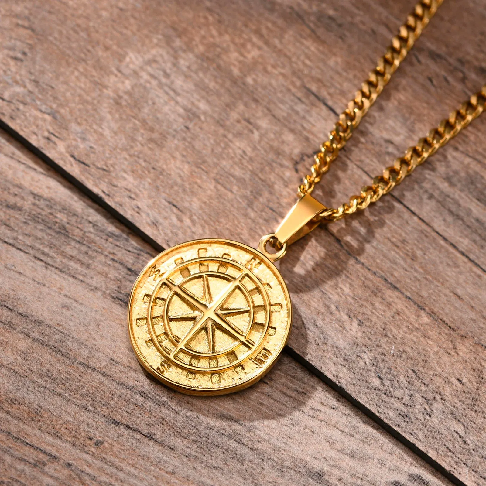 Gold Compass Necklaces,Vintage Viking North Star Anchor Medal