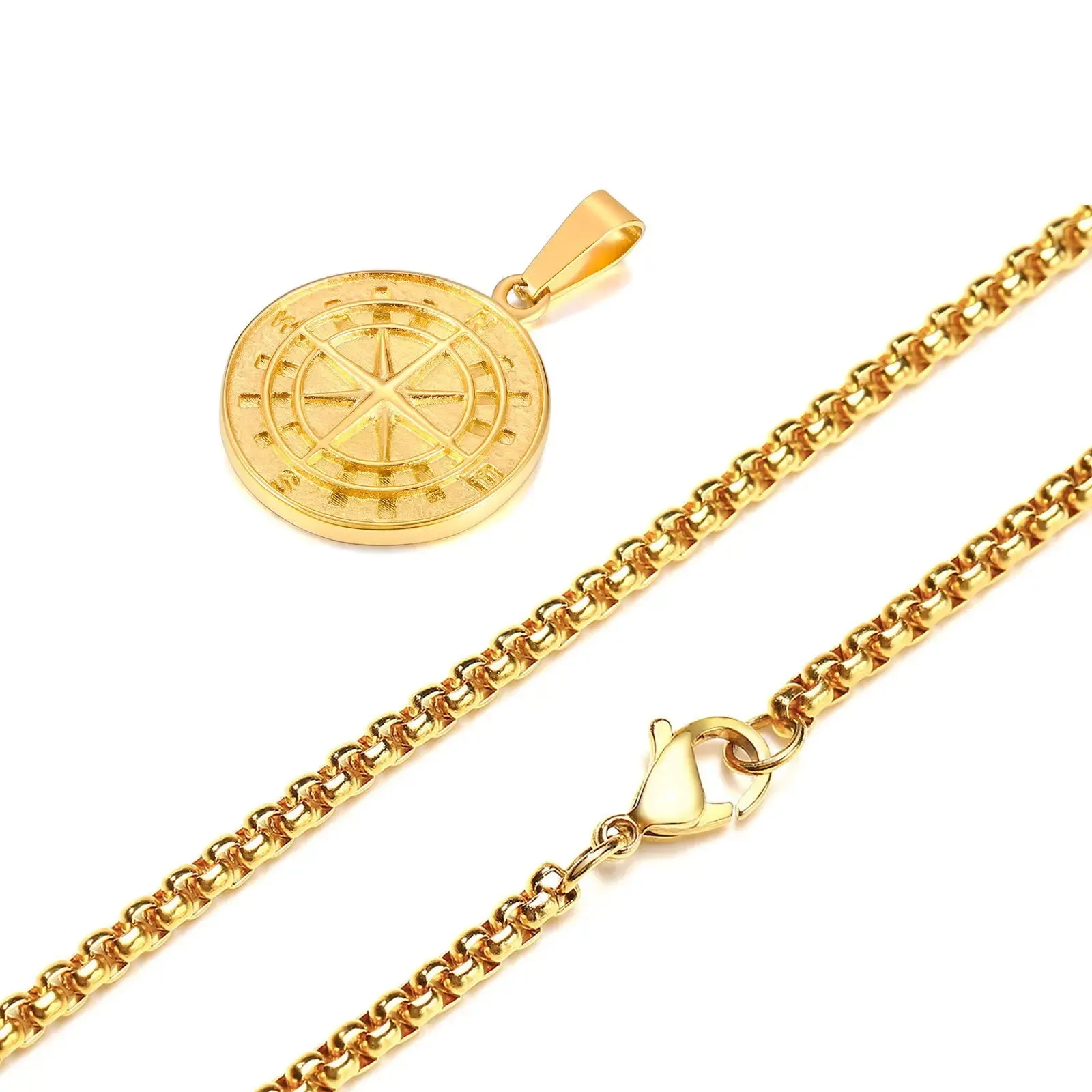 Gold Compass Necklaces,Vintage Viking North Star Anchor Medal