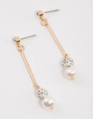 Gold Diamante Freshwater Pearl Drop Earrings