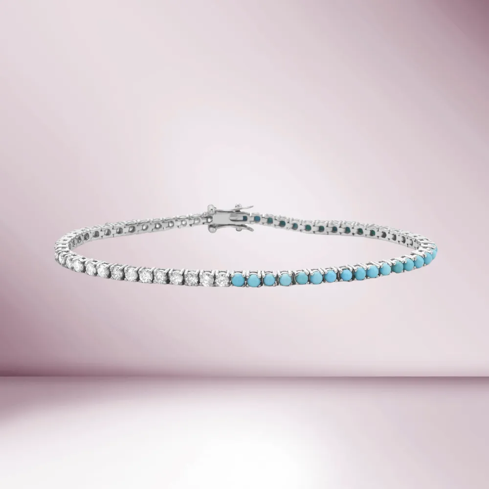 Half Diamond & Half Turquoise Tennis Bracelet (3.80 ct.) 4-Prongs Setting in 14K Gold