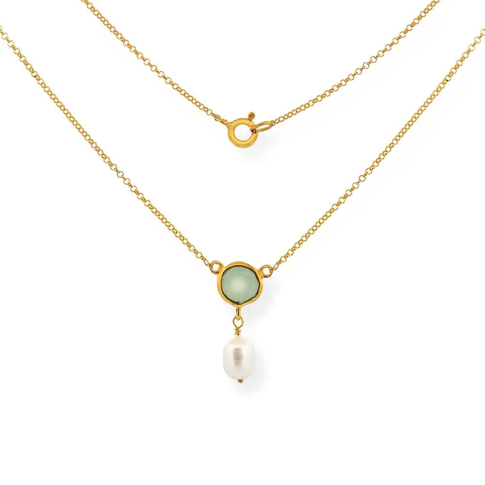 Handmade Short Gold Plated Silver Chain Necklace With Chalcedony & Pearl