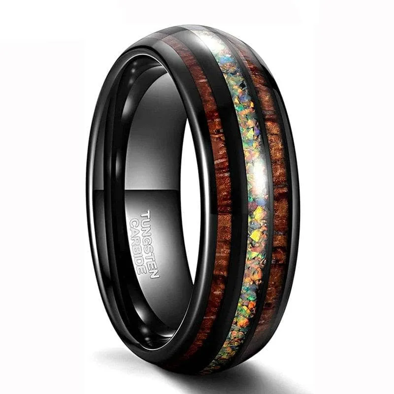 Hawaiian Wood with Opal and Abalone Tungsten Wedding Band