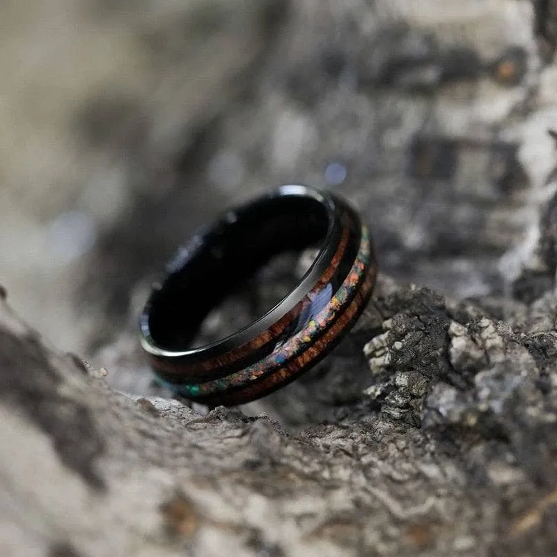 Hawaiian Wood with Opal and Abalone Tungsten Wedding Band