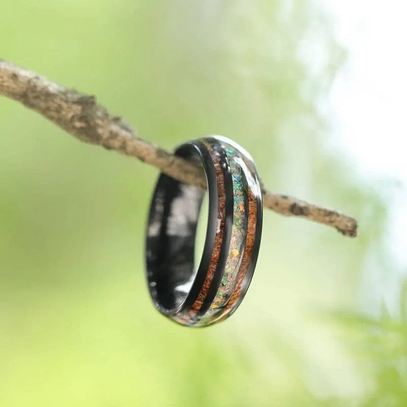 Hawaiian Wood with Opal and Abalone Tungsten Wedding Band