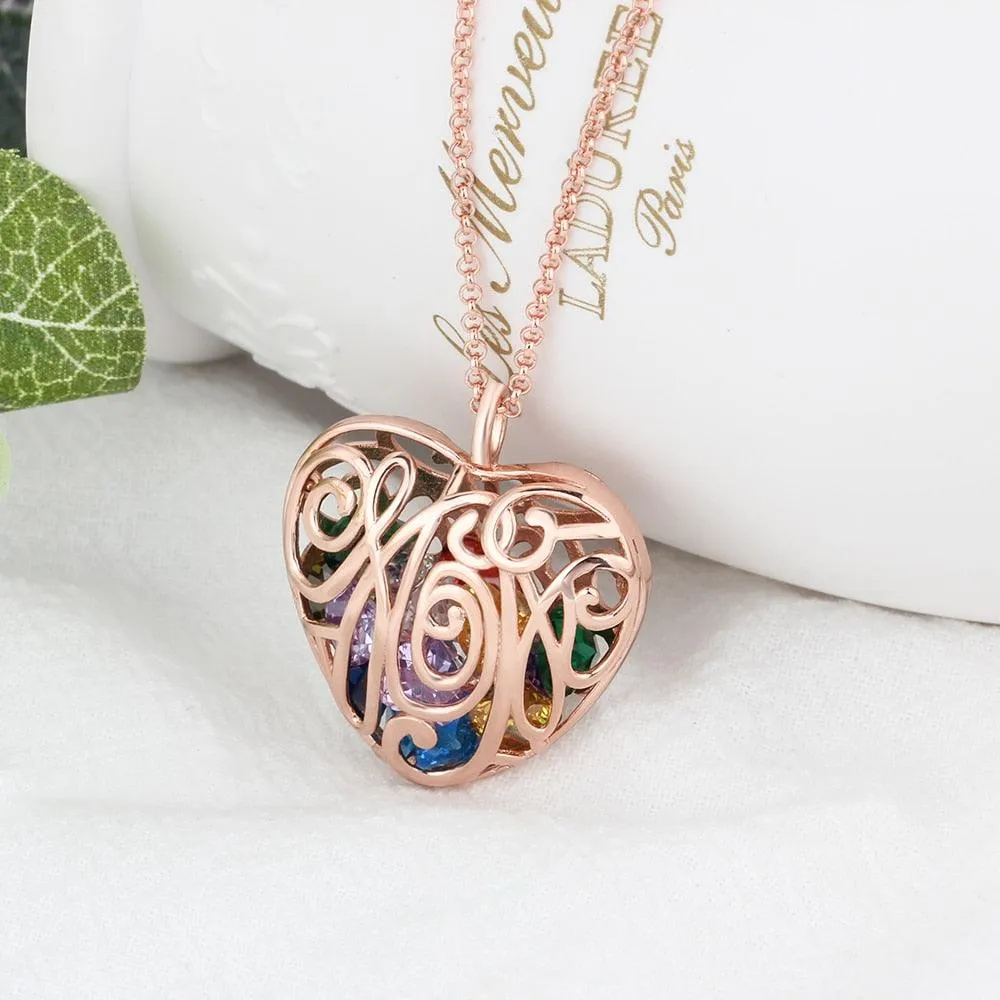 Hollow Pattern With Birthstone Personalized Rose Gold Color Pendant Necklace Jewelry