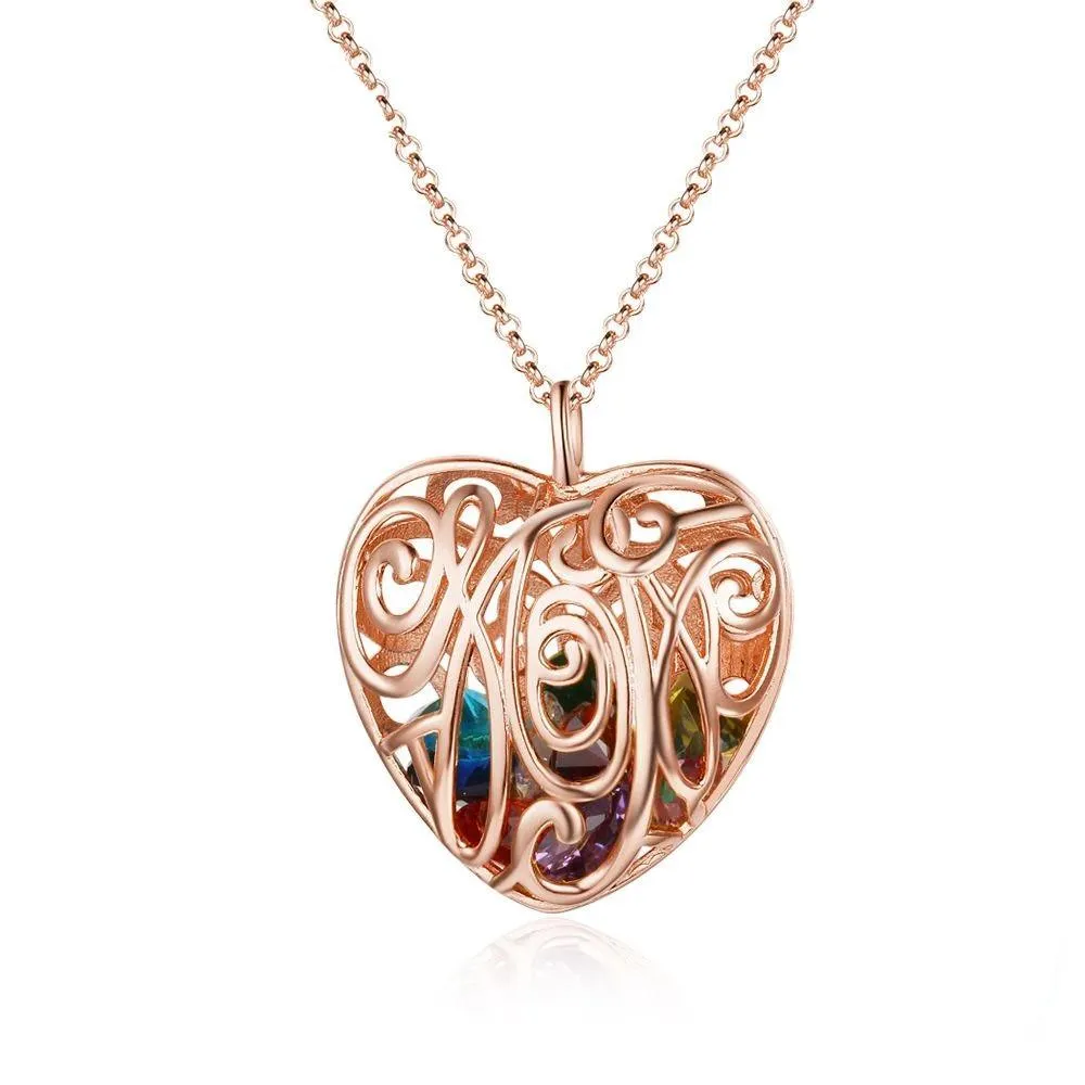 Hollow Pattern With Birthstone Personalized Rose Gold Color Pendant Necklace Jewelry