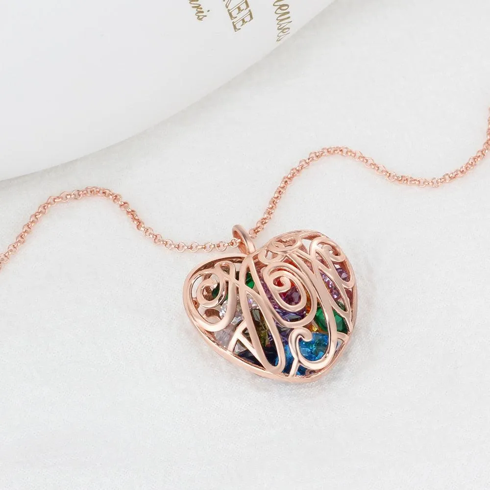 Hollow Pattern With Birthstone Personalized Rose Gold Color Pendant Necklace Jewelry