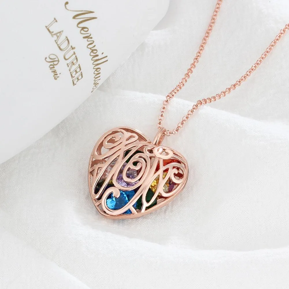 Hollow Pattern With Birthstone Personalized Rose Gold Color Pendant Necklace Jewelry