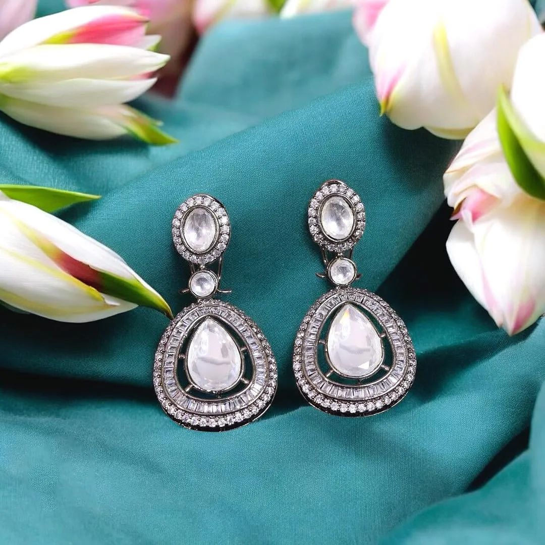 Jaipuri Teardrop Silver AD Earrings Set For Women