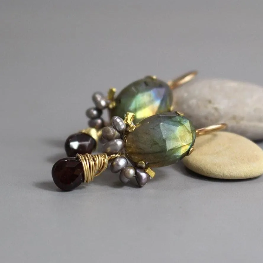 Labradorite Garnet Large Clover Earrings