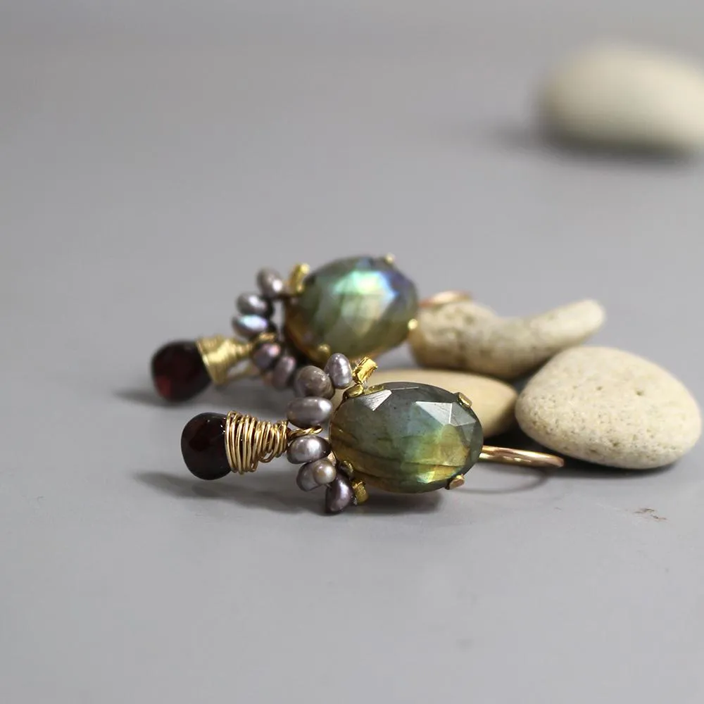 Labradorite Garnet Large Clover Earrings