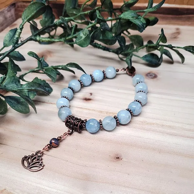 March Birthstone Bracelet - Aquamarine Gemstones with Copper Lotus Flower Charm