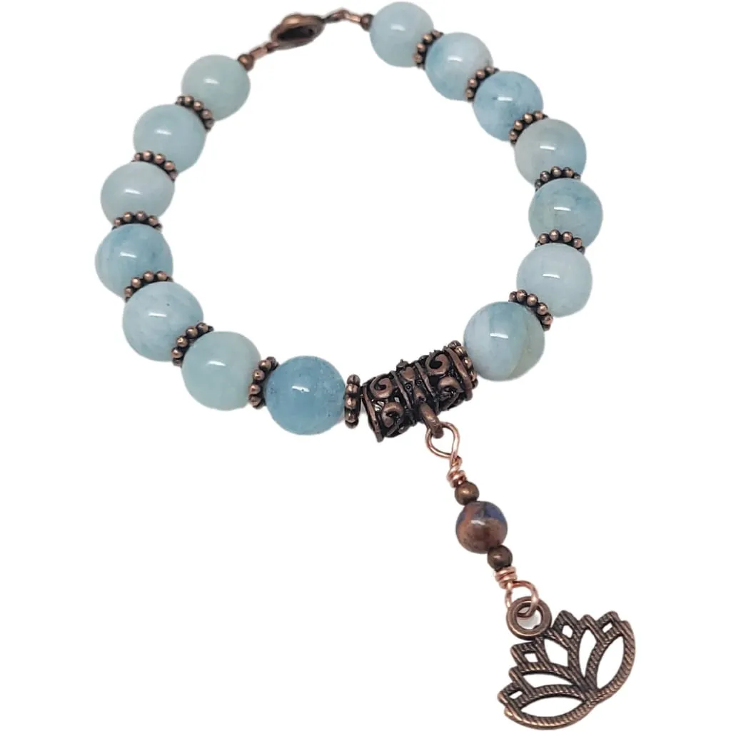 March Birthstone Bracelet - Aquamarine Gemstones with Copper Lotus Flower Charm