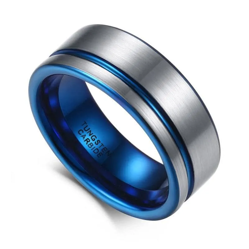 Men's 8mm Tungsten Carbide Wedding Band with Blue Line