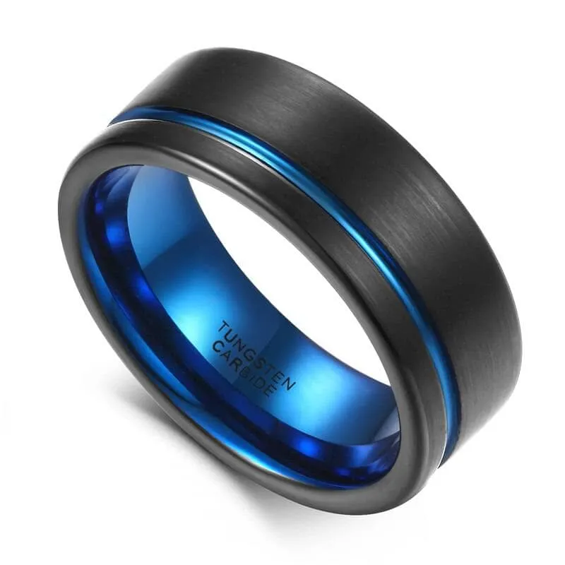 Men's 8mm Tungsten Carbide Wedding Band with Blue Line